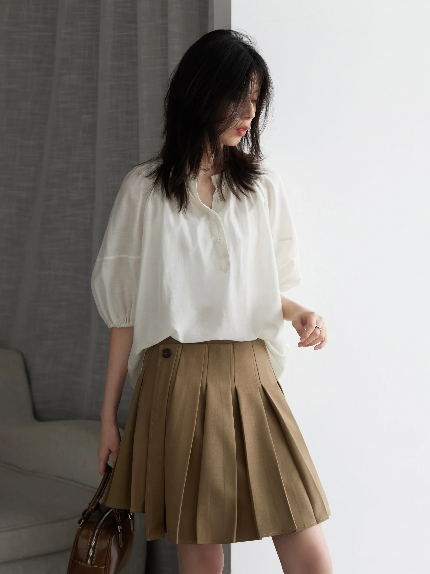 CHICVEN Women Shirt Solid Loose Casual New O Neck Pleated Mid Sleeve Blouses Female Pullover Spring Autumn 2025 Clothing