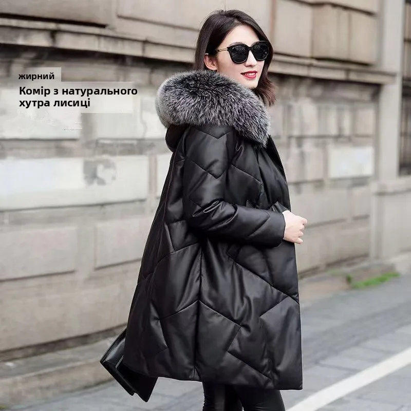 Haifeng Real Leather Jaet Women's Mid-Length Thiened Winter New Sle eepskin  Fur Coat Long Sve Zipper Closure