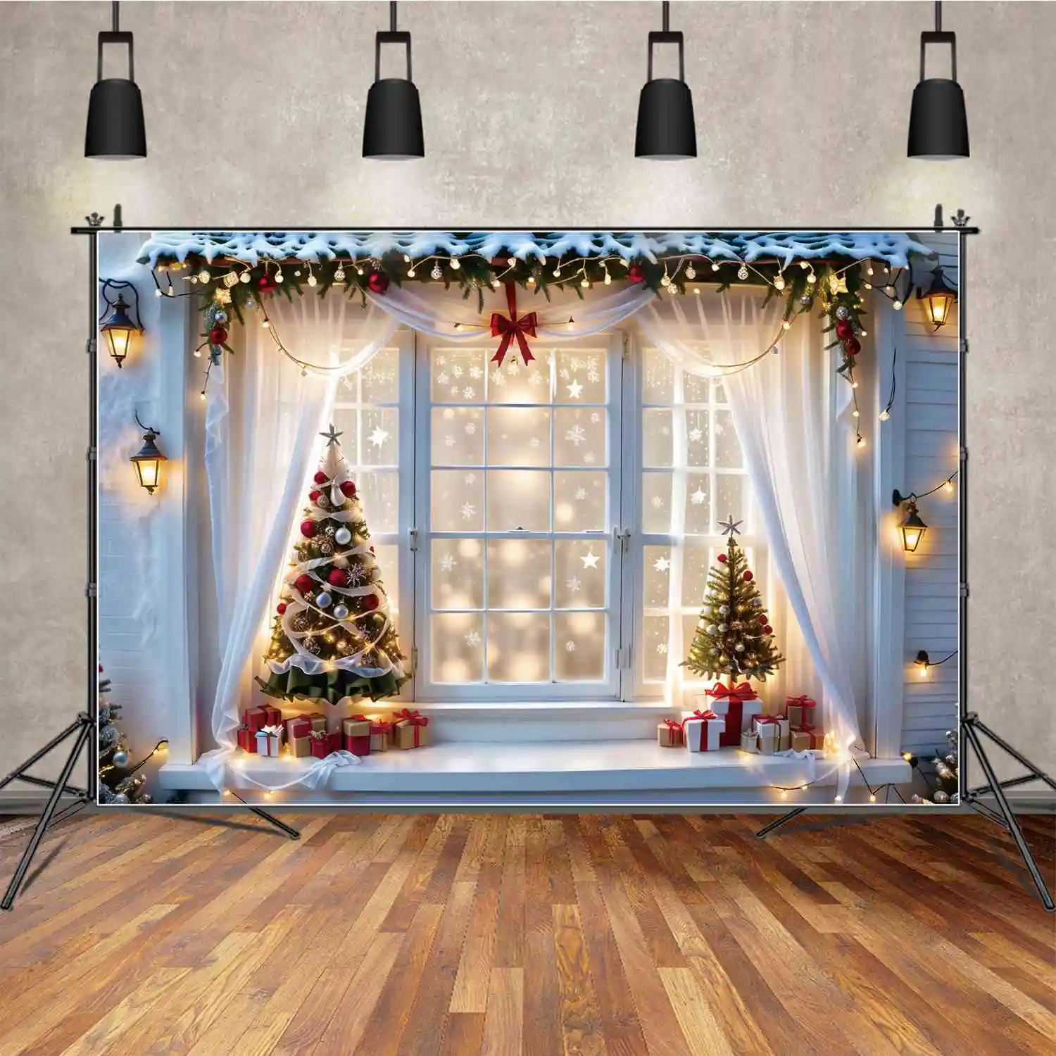 MOON.QG Backdrop Christmas Novelty Party Decoration Photo Background White Curtain Window Tree Snowflake Star Photography Props