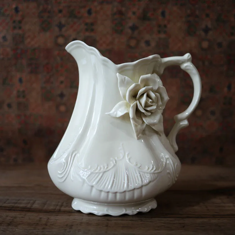 

Vintage Creamy Handmade Rose Stereo Relief Wide Mouth Vase Ceramic Water Jar