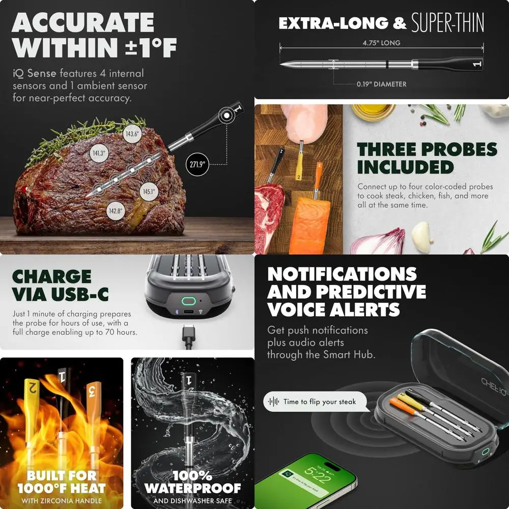 

Wireless Smart Meat Thermometer 2025 | 3 Probes | WiFi Long Range | 1000°F Safe | 5 Sensors | For BBQ, Grill, Oven, Smoker, Air
