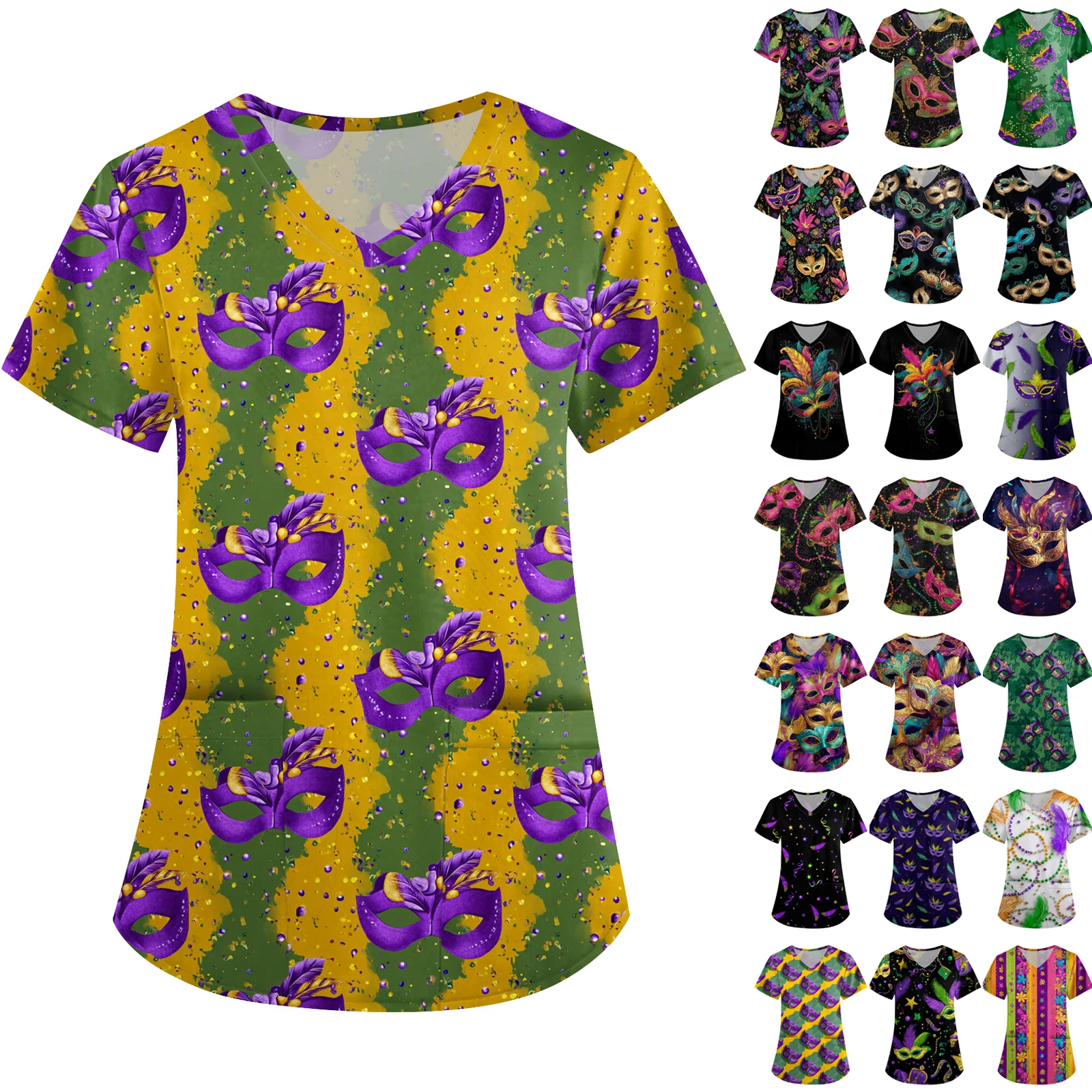 Carnival Printed Nurse Uniform V-Neck Protective Work Uniform Short Sleeved Top Ladies' Carnival Short Sleeve