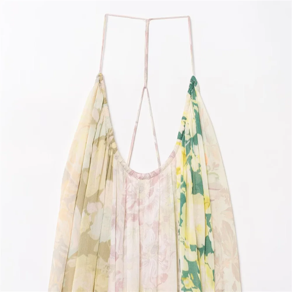 women's fashion backless flower print patchwork long dress with suspender, summer new sexy slim fit MIDI dress