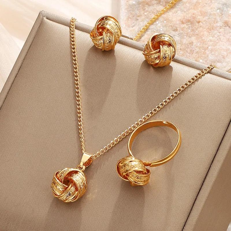 Twist Knot Necklace Earrings Ring Set for Women Gold Tone Interlocking Ball Pendant Elegant French Vintage Classic Jewelry Gift