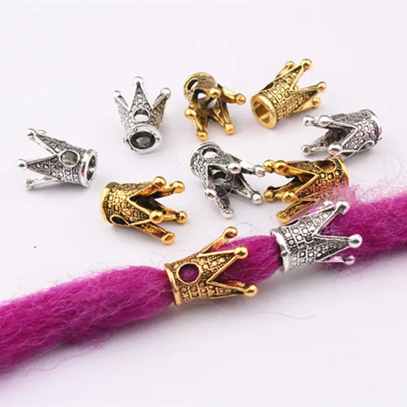5/10pcs Crown Large Hole Beads African Braided Gold Silver Jewelry Metal Hair Braid Dreadlock Beads Crown Hollow Out Design