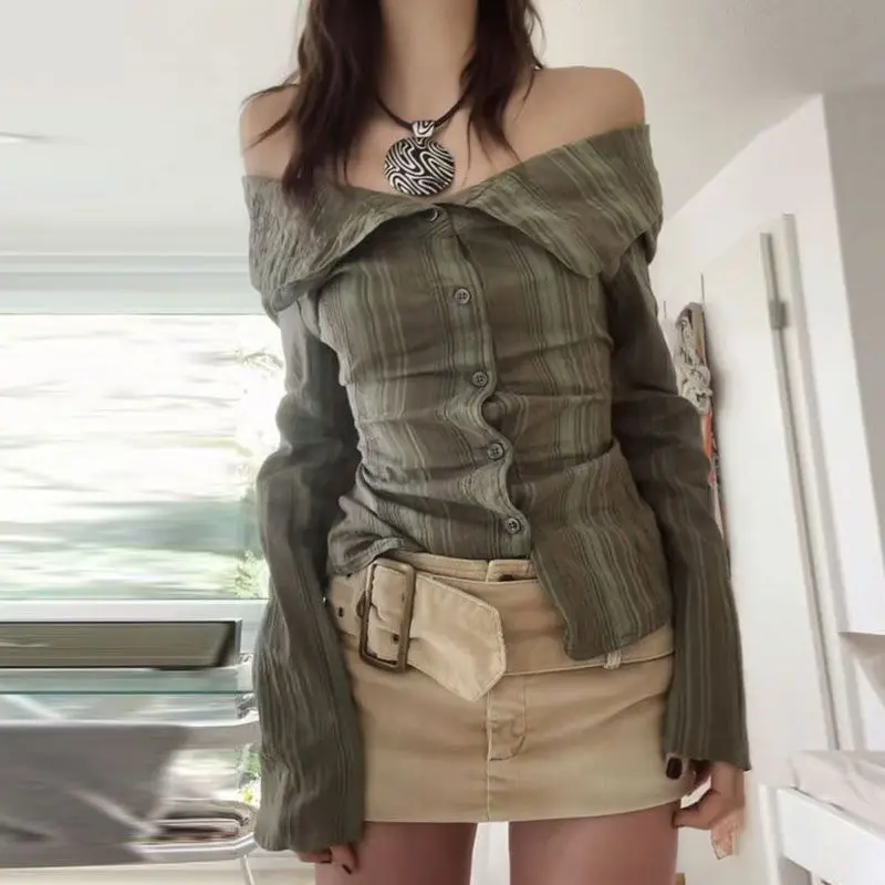 shirt Green Striped Off Shoulder Buttons Collar Shirts Vintage Y2K Aesthetic Women Fashion Korean Casual Sweet Tops Blouses