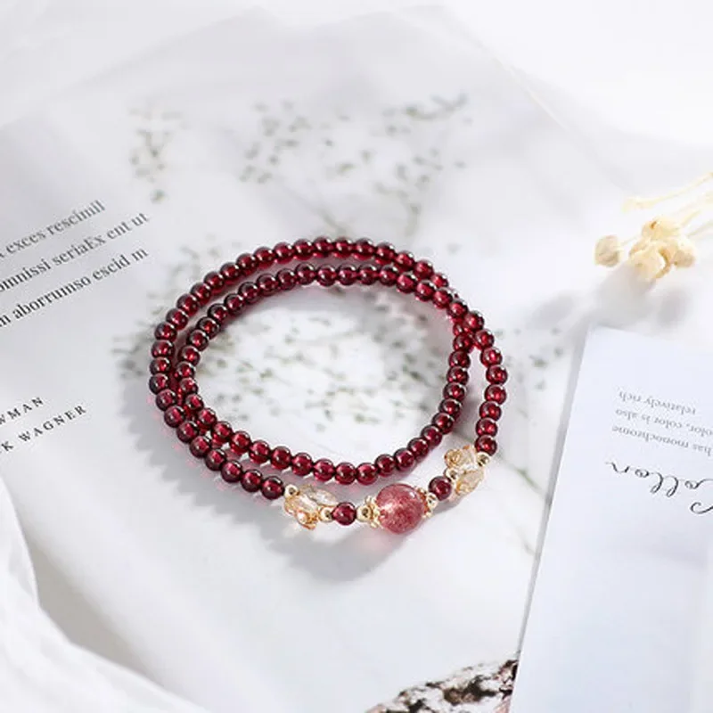 

AngLang Double Circle Butterfly Crystal Wine Red Natural Garnet Strawberry Beaded Strand Bracelets Women Fine Jewelry YBR463