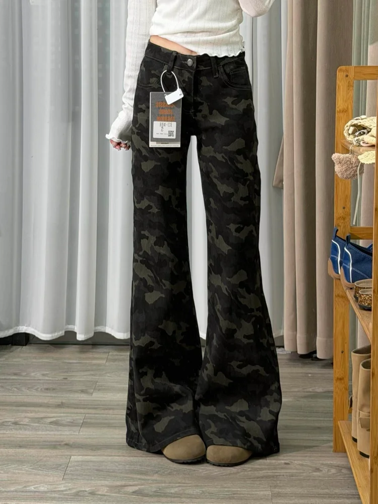 

American Style Retro Camouflage Bell Bottom Jeans Women's Loose Slimming Draping Pants High Waist Denim Casual Spring New