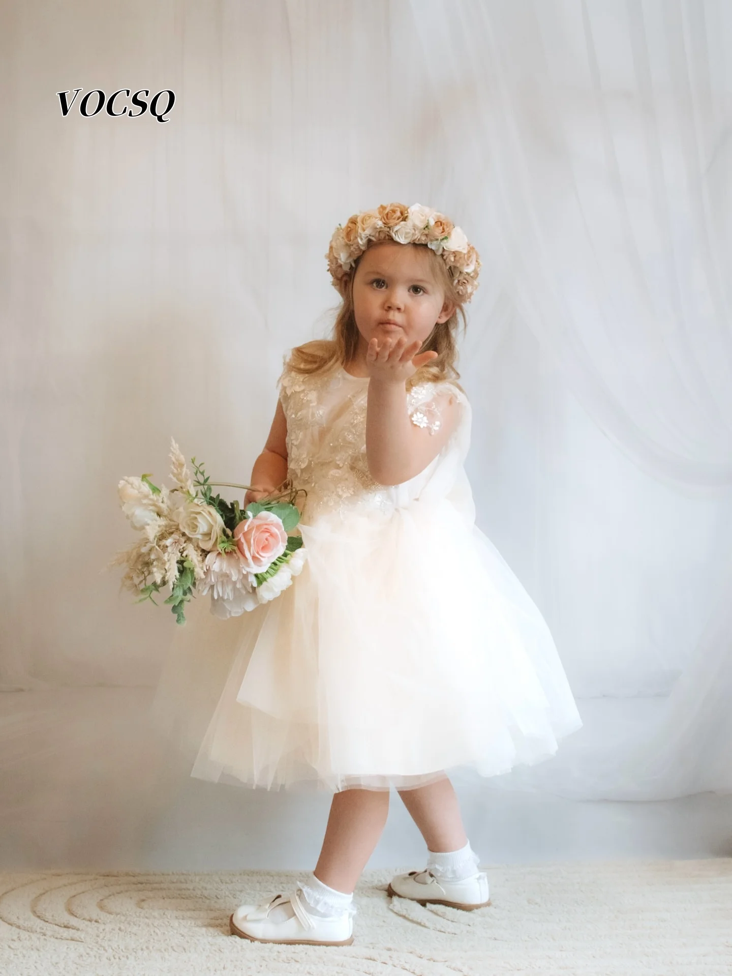 Flower Girl Dress White Princess Dress Lace Embroidered Tulle Skirt Rustic Wedding Bridesmaid Flower Girl Gown Customized