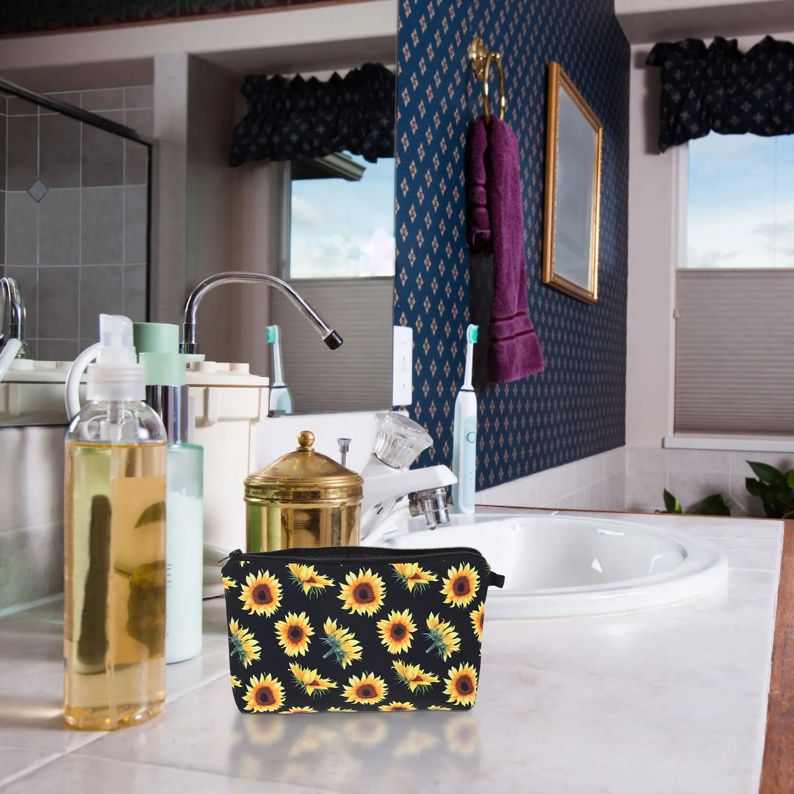 Sac de toilette à grande capacité en forme de tournesol, fermeture éclair de qualité supérieure, portable, léger, rangement pour articles de toilette, organisateur de maquillage, sac d'extérieur