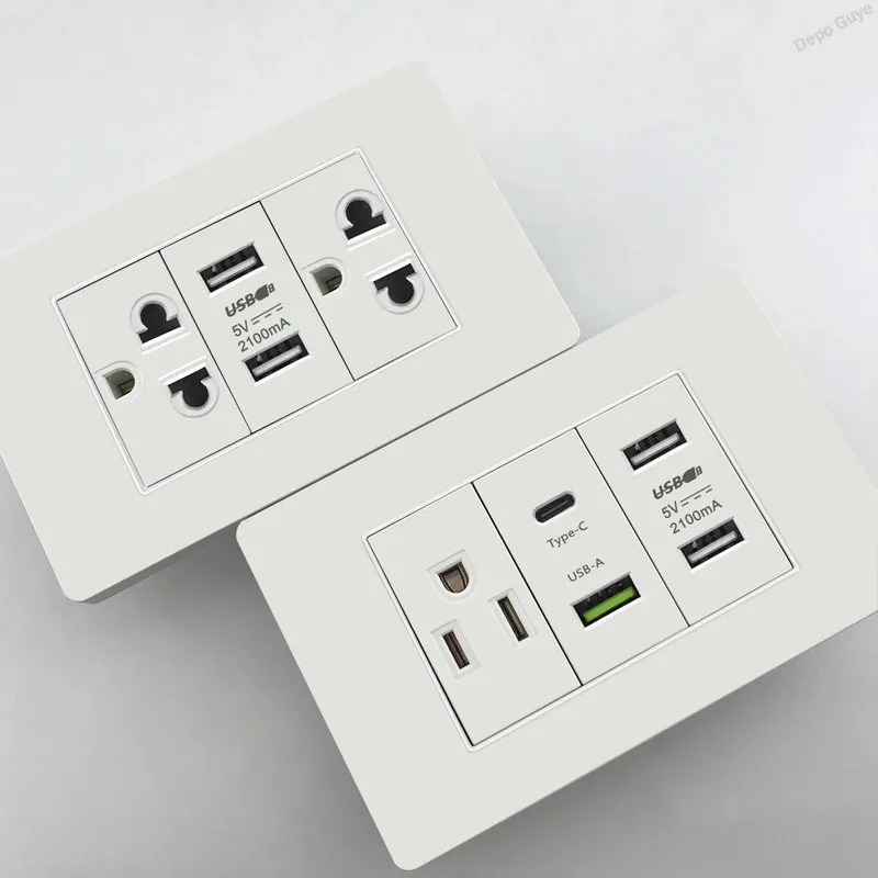 White PC US USB Type-c 20W Quick Charge Wall Power Outlet,Mexico Thai Dual usb Socket Plug,Home Light Electrical Switch Panel