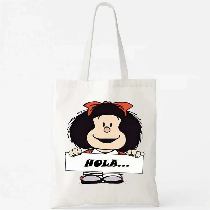 Kawaii Mafalda Cute Anime Girl 90s Cartoon White Shopping Bag Canvas Reusable Large Shoulder School Handbags