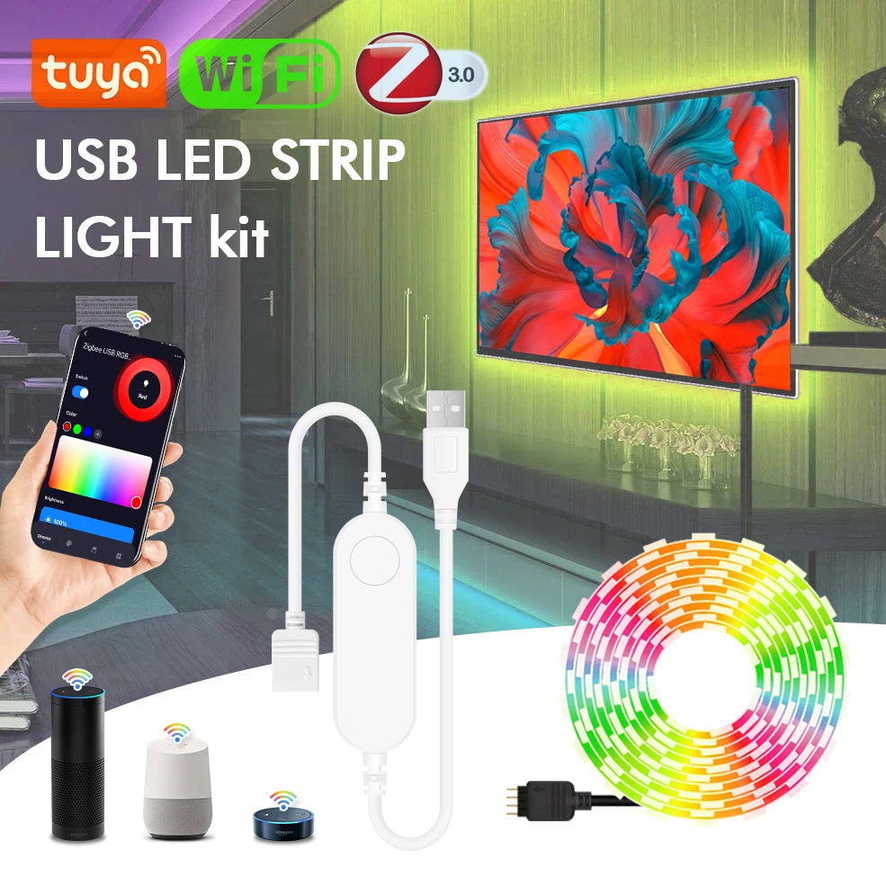 Taśmy LED RGB USB Tuya Wifi 5V ZigBee do telewizora, inteligentne podświetlenie SMD5050, kompatybilne z Alexa i Google Home