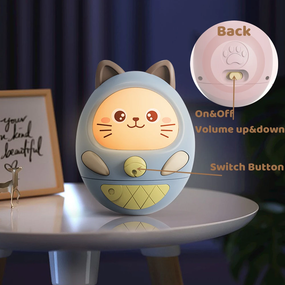 Juguetes musicales de gato Weeble Wobbler para niños de 3 a 12 meses (azul).