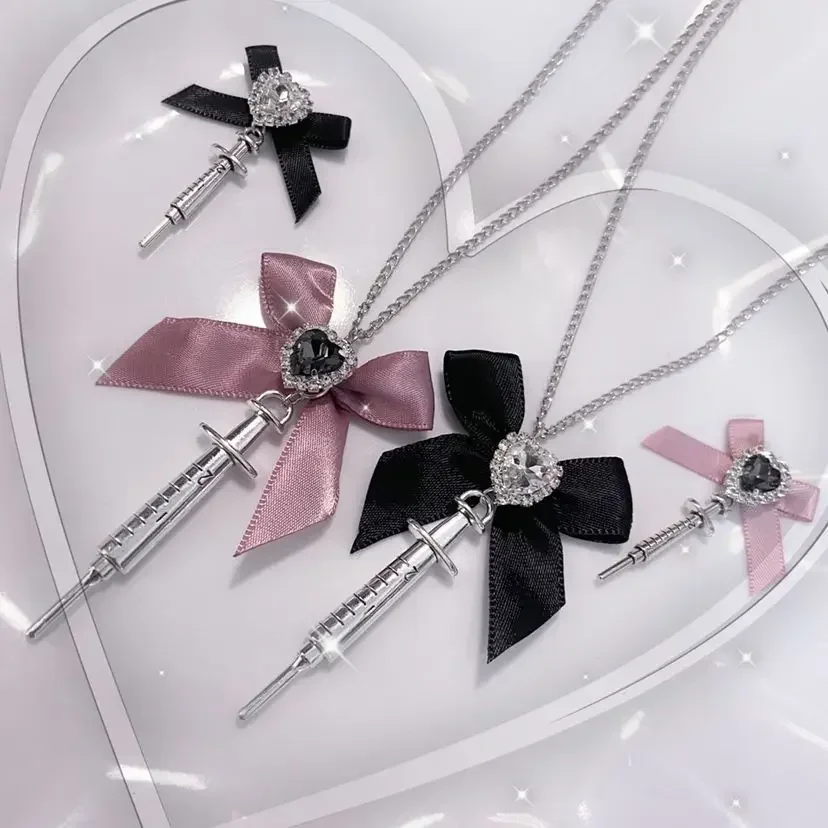 Fashion Love Heart Bowknot Metal Syringe Shape Pendant Necklace for Women Dark Lolita Cool Trend Jewelry Gothic Accessories