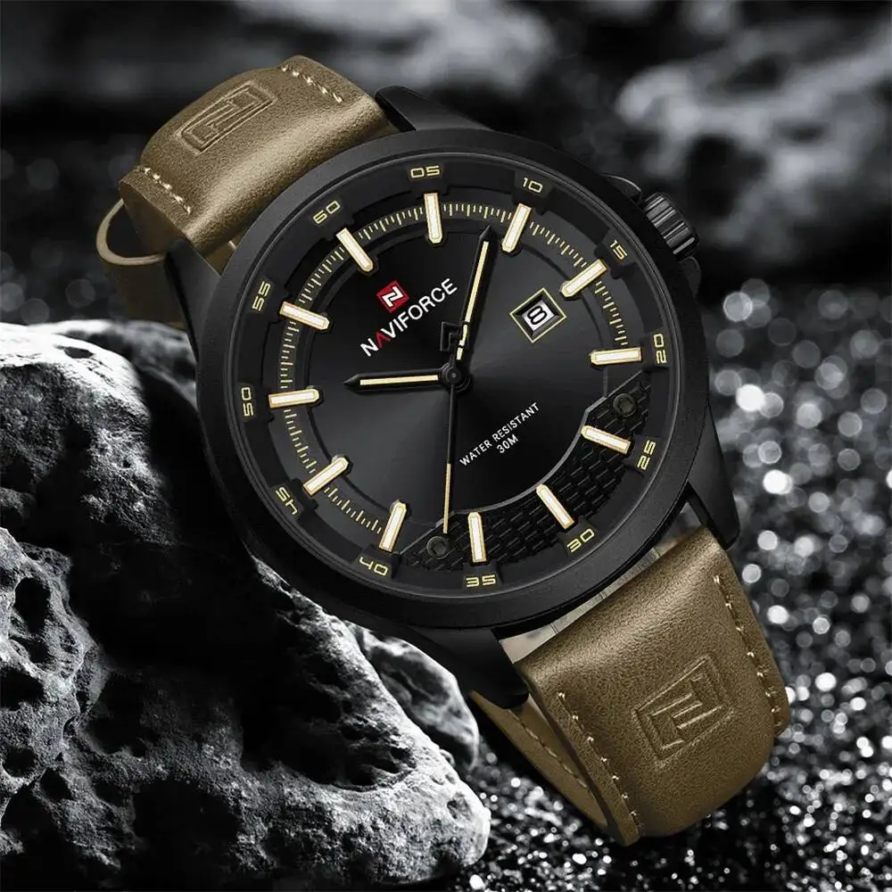 NAVIFORCE 9248L ساعة كوارتز رجالية أنيقة التقويم مضيئة مقاوم للماء حزام من الجلد خمر الأعمال ساعات عادية للرجل