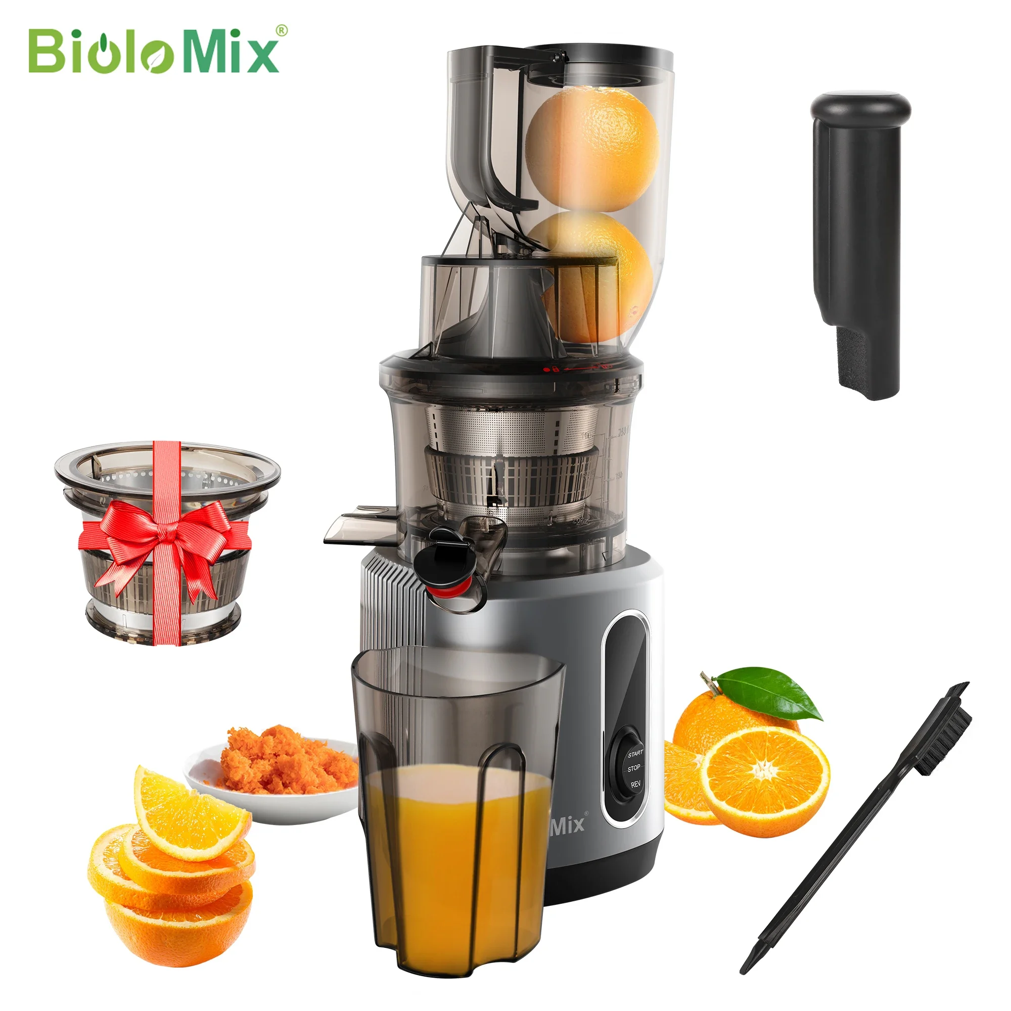 

BioloMix Cold Press Juicer with 78mm Feed Chute, 200W 40-65RPM Powerful Motor Slow Masticating Juice Extractor Fits Whole Fruits