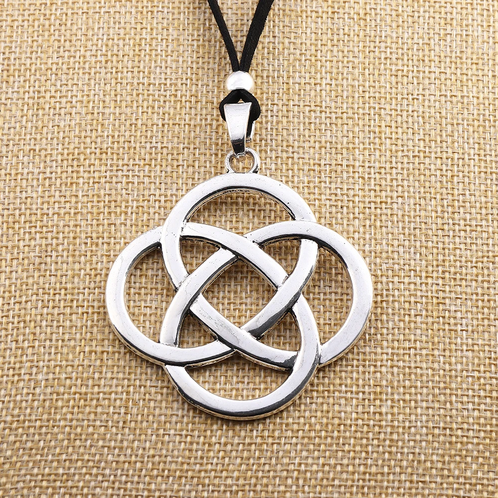 Boho Large Celtic Chinese Knot Round Pendant Necklace on Long Black Suede Cord Lagenlook 32‘’