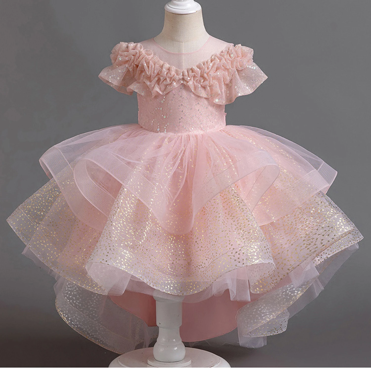 

Little Girls Sequined Ruffled Flower Girl Birthday Party Graduation Ceremony Formal Pageant Hi-Lo Dress W018