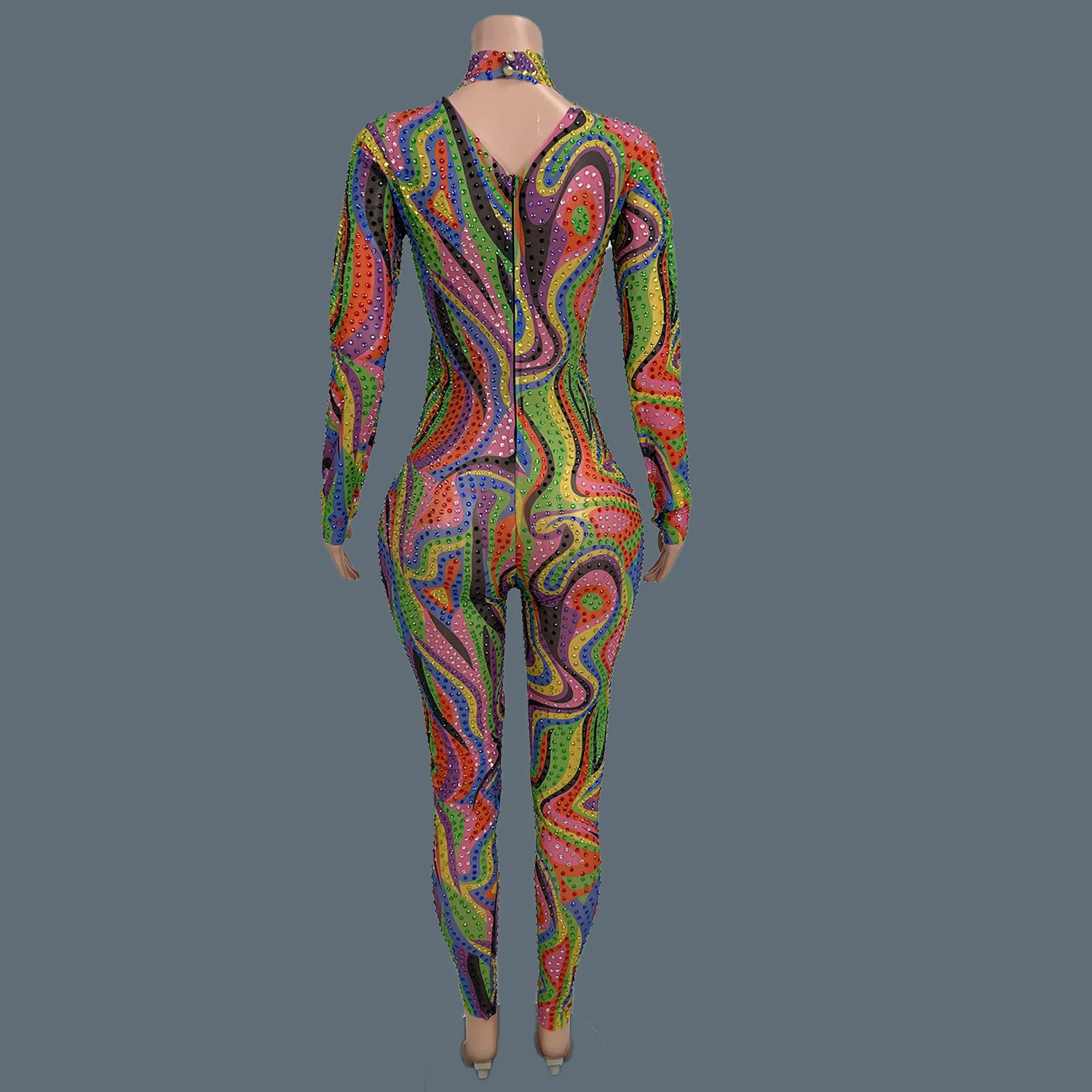 بذلة من حجر الراين بلون قوس قزح سباركلي، بدلة قفز ضيقة عصرية رائعة، ملابس سحب الملكة، ملابس الحفلات Liuliku