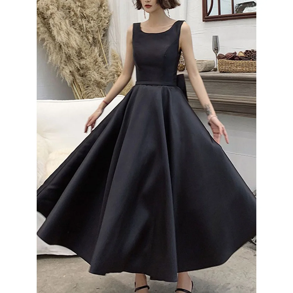 Black Draped Back Bow Evening Dresses Sleeveless Ankle Length Formal Occasion Princess Birthday Party Gown Elegant Prom Dress