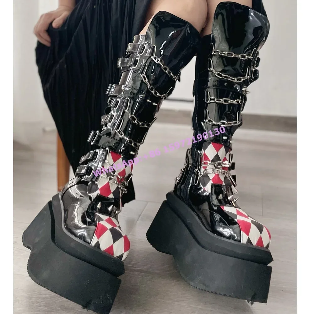 Checkered Metal Chain Rivet Boots Round Toe Platform Thick Soled Knee High Boots Buckle Belt Black Patent Leather Shoes 2024