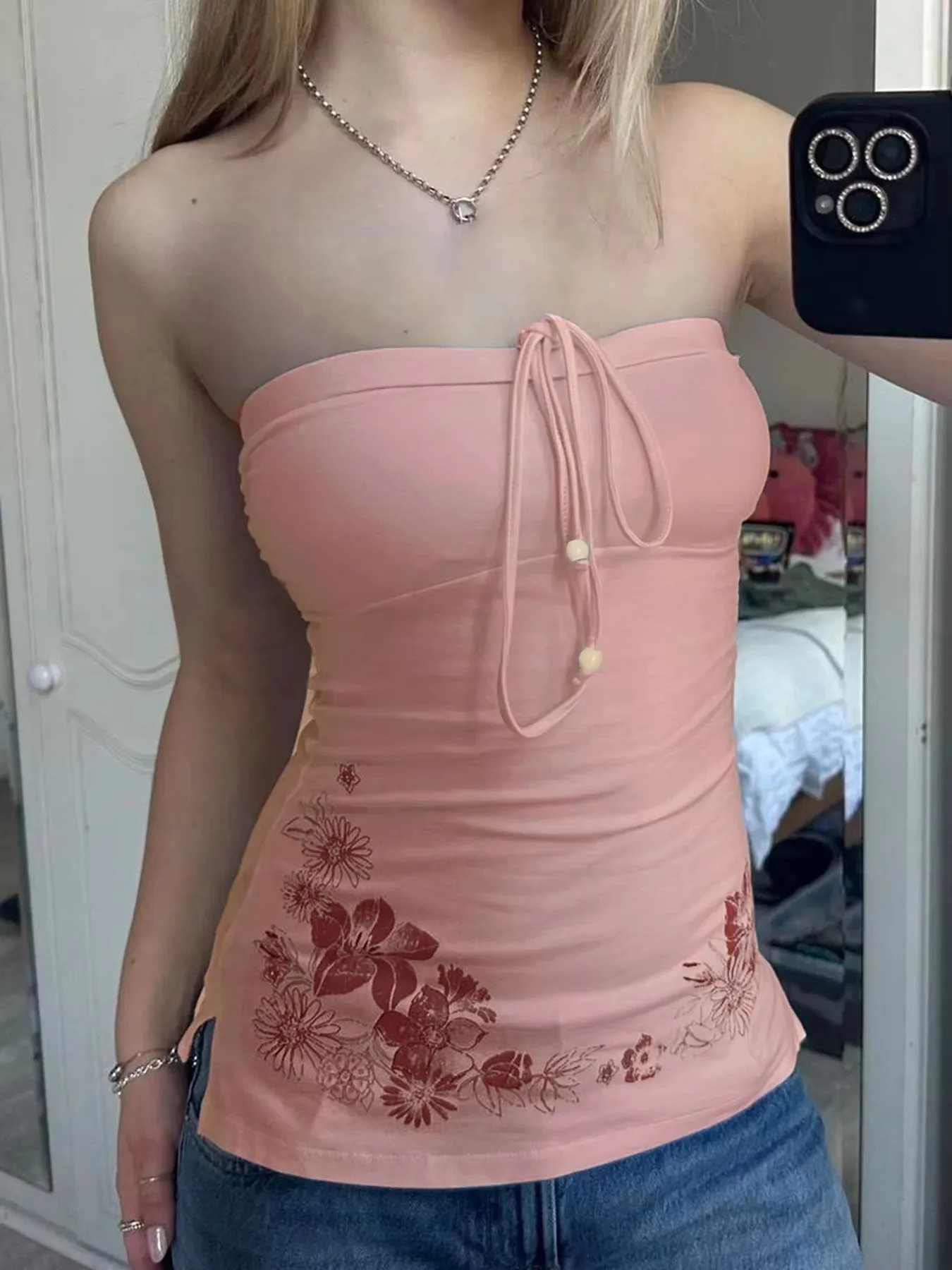 Summer vacation style women's strapless camisole top with bow tie and lace up print, fashionable strapless vest