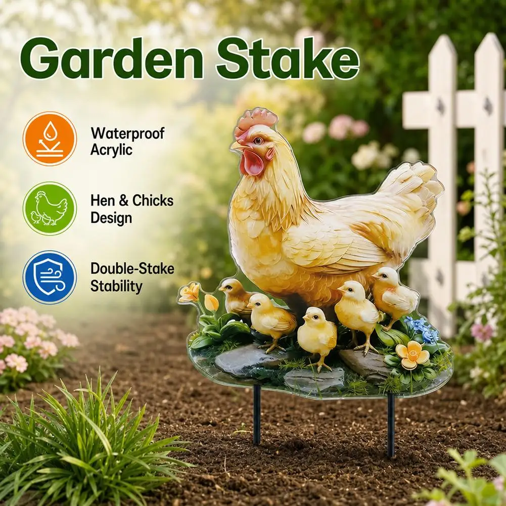 Cute Hen and Chicks Garden Stake, 2D Acrylic Yard Art Decor, Waterproof Outdoor Lawn Ornament for Courtyard Garden Patio view 3