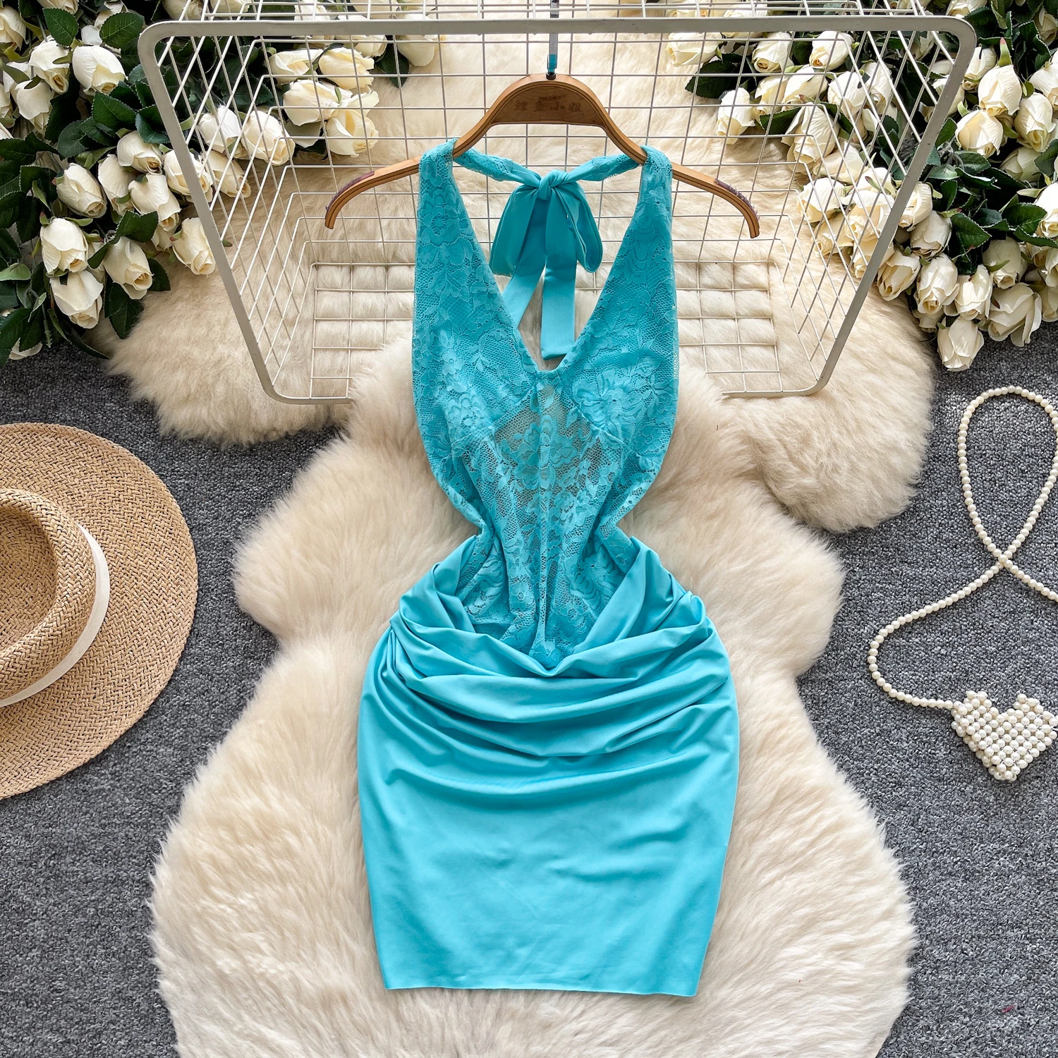 Sexy sem costas emendado renda cintura alta vestido plissado vestidos de verão feminino festa à noite mini vestido