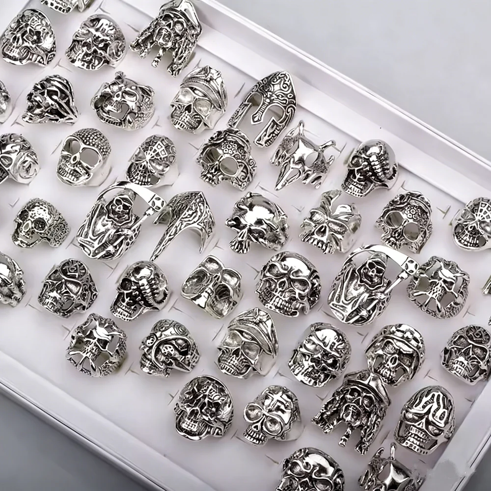 10/15/20Pcs/Lot Retro Gothic Punk Skull Rings Men Women Charm Rock Cool Fashion Jewelry Accessory Daily Party Gift Random Style