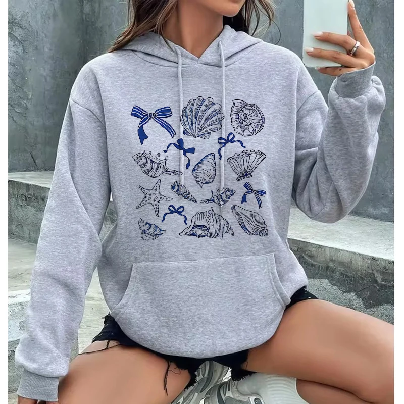 Damskie bluzy z kapturem z nadrukiem muszelek i zwierząt morskich, damskie bluzy z długim rękawem w stylu Y2k, zabawne bluzy streetwear z grafiką.