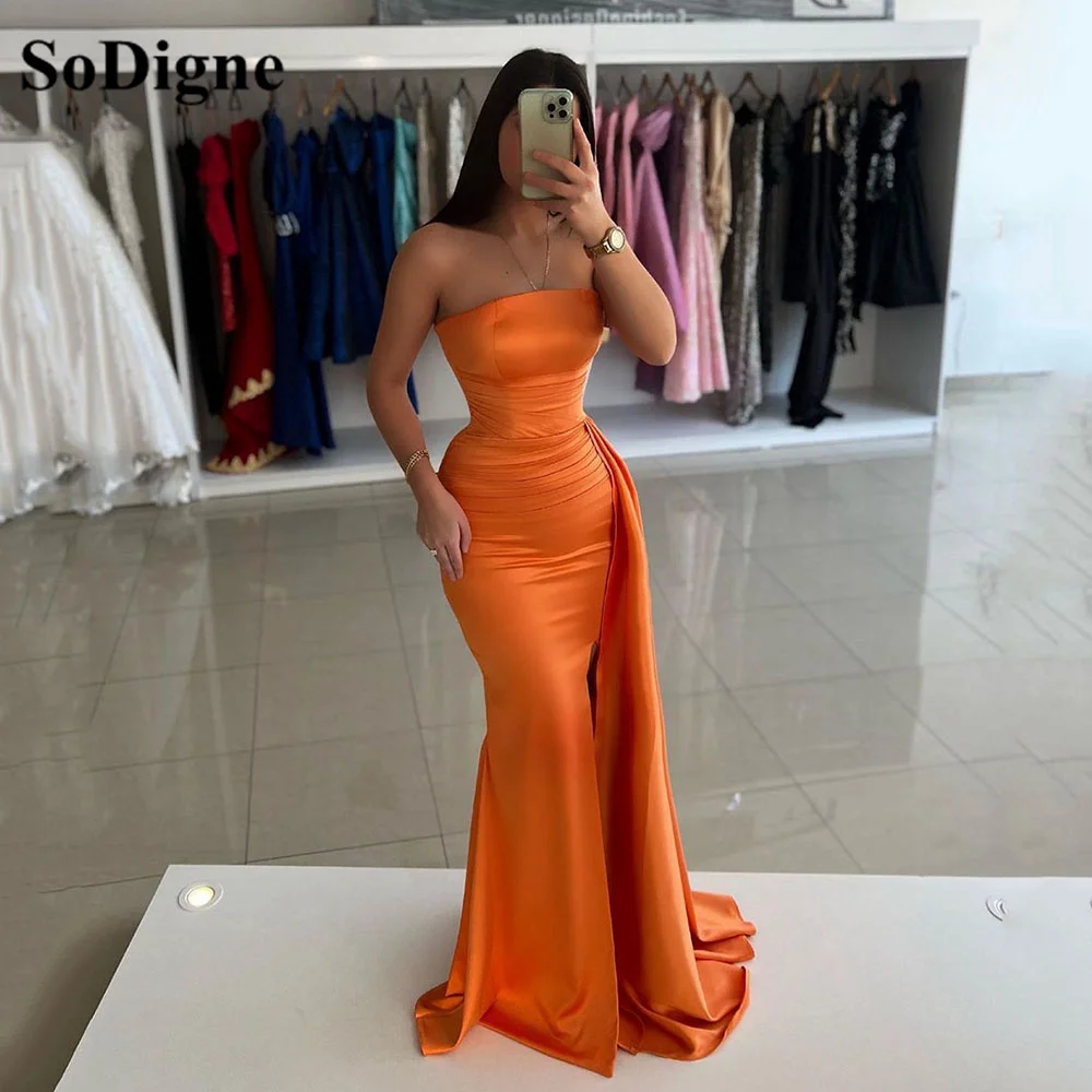 SoDigne Orange Evening Dresses Strapless Tight Mermaid Prom Gown Dubai Arabic Side Split Gala Party Fashion Dress 2024