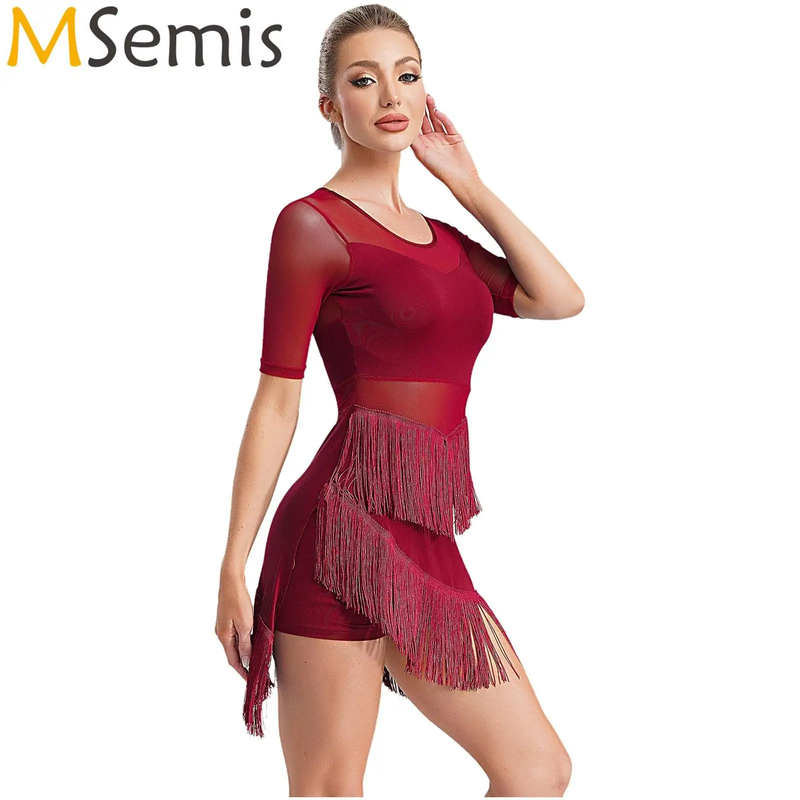 Womens Latin Dance Practice Dresses Stage Performance Costume Sheer Mesh Half Sleeve Irregular Fringe Latin Dress with Shorts