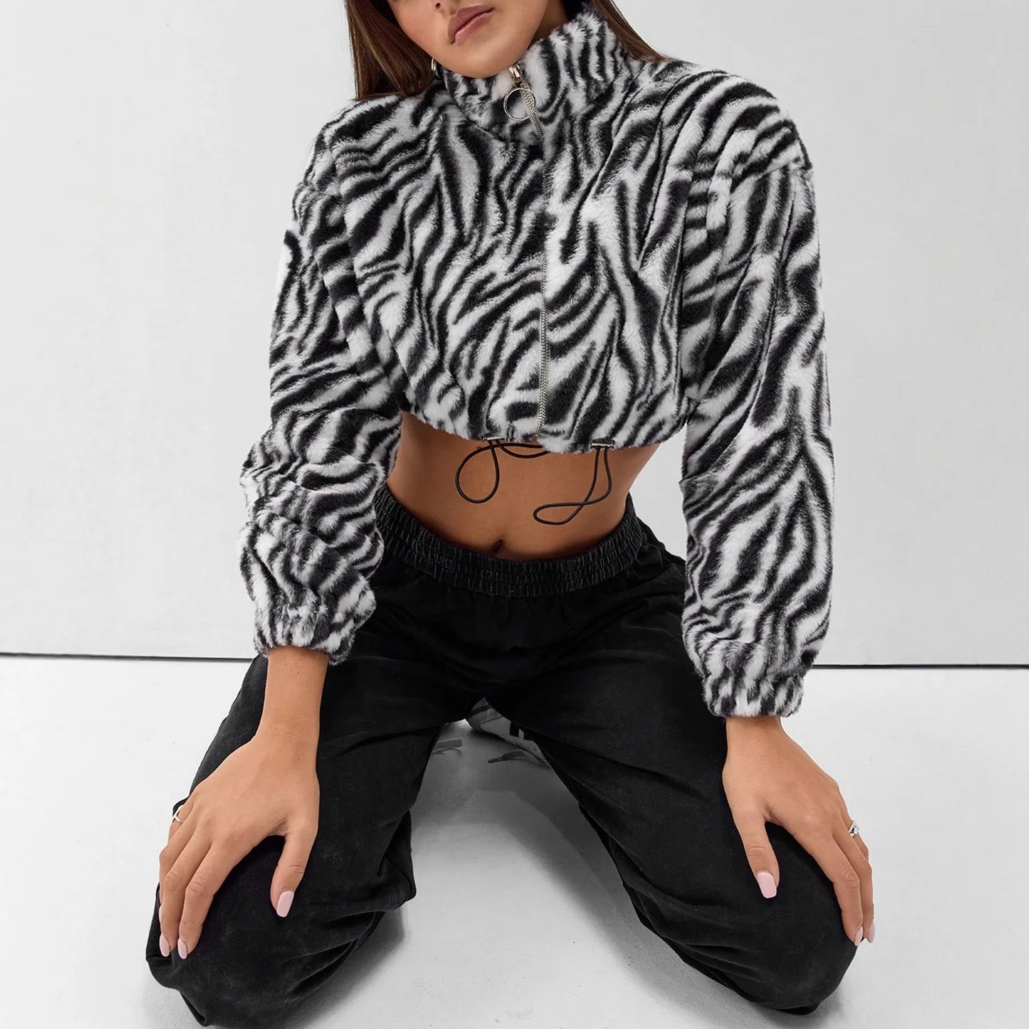 Benuynffy Zebra Stripe Drawstring Hem Faux Fur Coat Women's 2025 Autumn Winter Fashion Y2k Long Sleeve Zip Up Crop Jacket Top
