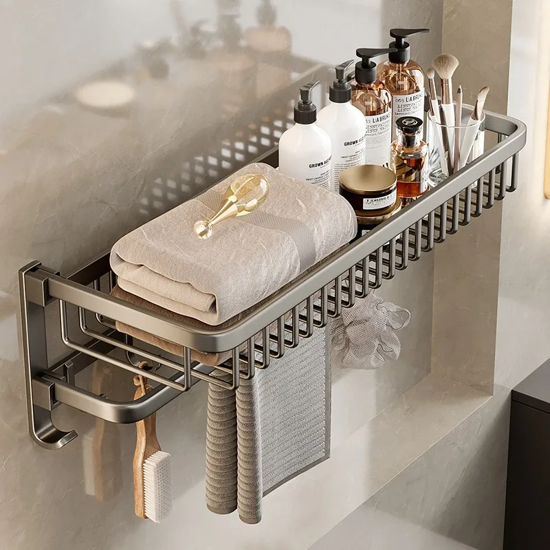 Towel Rack Foldable Holder With Hooks Bathroom Storage Accessories Aluminum Double Towel Bar Washroom Organizing Folding Shelves