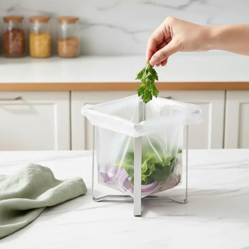 @*1Pcs Foldable Stainless Steel Trash Bag Frame Space Saving No Bend For Kitchen