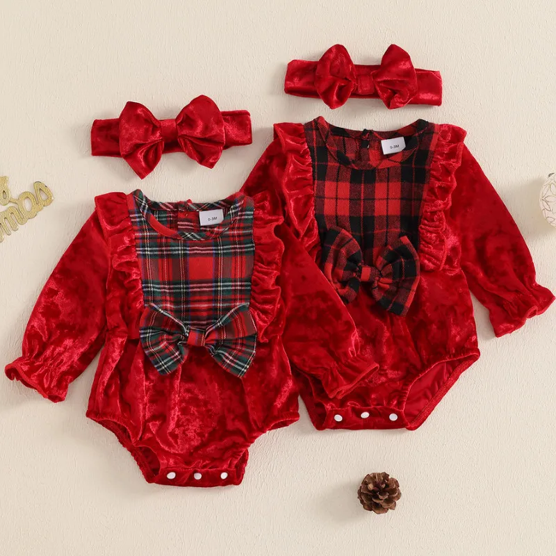 RUEWEY 0 to 18 Months Baby Girls Christmas Bodysuit Ruffle Long Sleeve Plaid Print Jumpsuit+ Headband Set Newborn Clothes