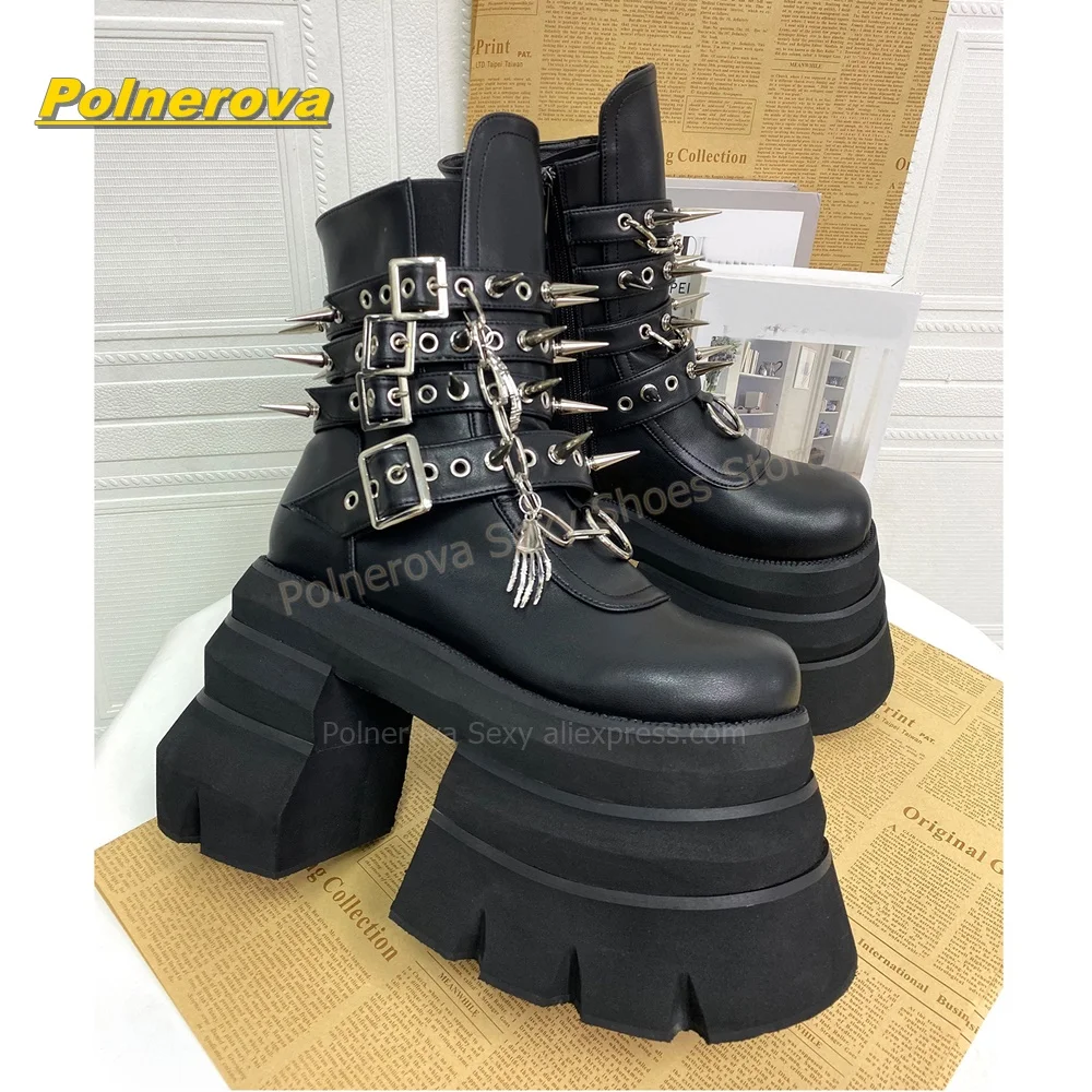 Women Punk Spiked Platform Ankle Boots Chain Multi Buckle Round Toe Chunky Heel Goth Rock Booties Y2K Street Style Causal Shoes