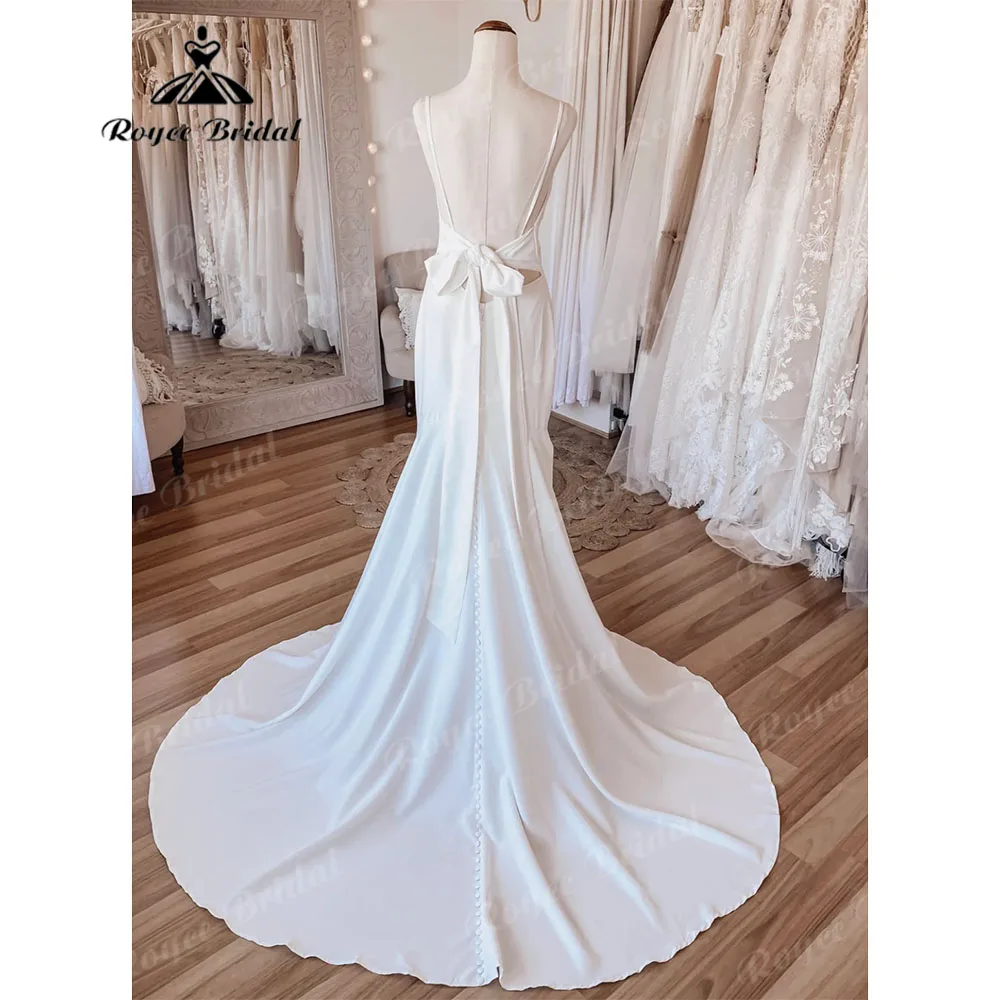 Simple Mermaid Boho Soft Satin Backless Wedding Dress with V Neck Spaghetti Straps 2023 Reception Dress for Bride Roycebridal