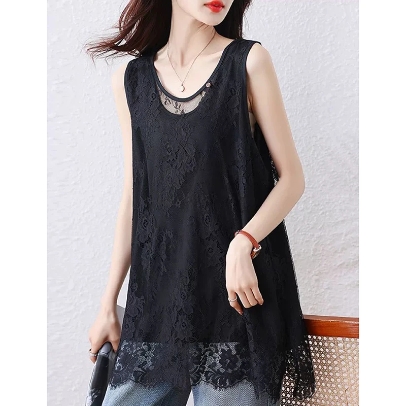 

2025 Summer New Loose All-match Top Korean Tee Shirt Fashion V-Neck Sleeveless Spliced Lace Tank T-Shirts Female Clothing
