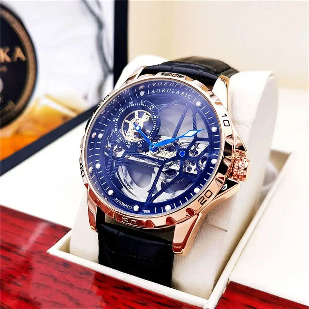 

Luxury Mechanical Watch Transparent Rose Gold Case Luxury Casual Design Black Leather Band Waterproof Men's Watch Reloj Hombre