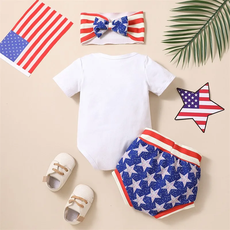 

Toddler Girls Independence Day Clothes Sleeveless Star Stripe Print Romper Skirt Bow Headband Set for 4th of July