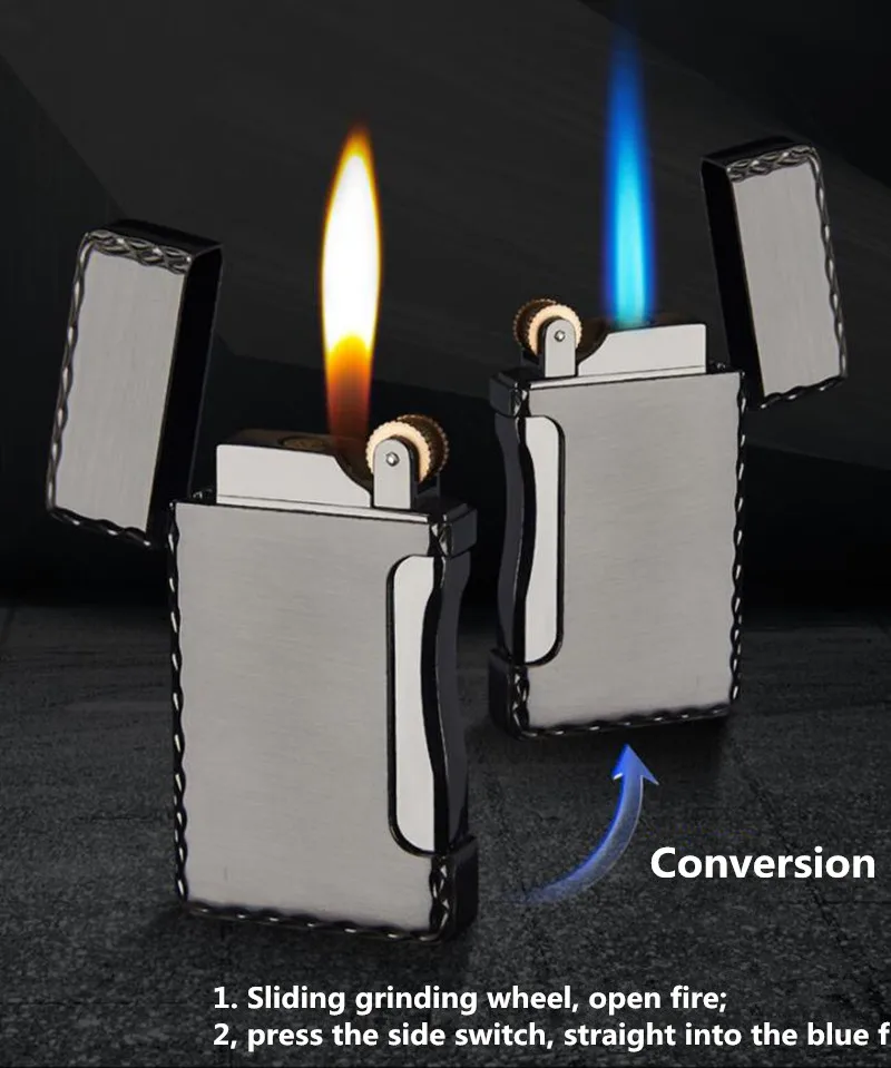 Creative Double Fire Switch Gas Lighter Metal Windproof Sand Wheel Inflatable Windproof Lighter Men Smoking Gifts