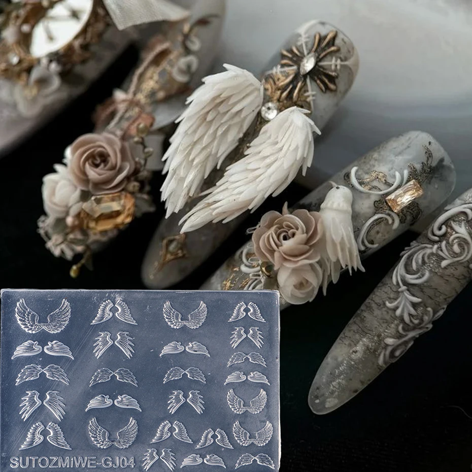 1pcs Angel Wing Nail Silicone Mold - Vintage Baroque Gothic Style Nail Templates for Women's Nail Decorations Nail Accessories