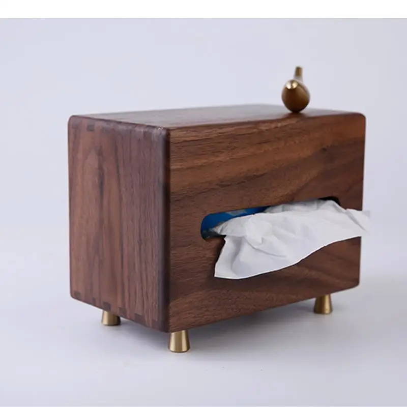 Black Walnut Brass Feet Bird Decorative Tissue Box Home Solid Wood Storage Paper Towel Holder Tube