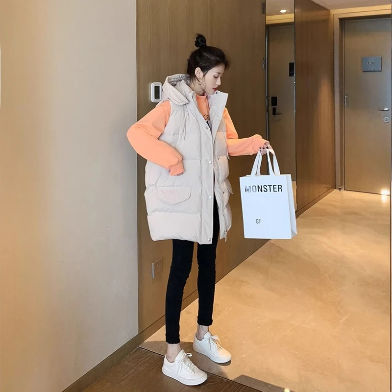 plus Size 300 Pounds Hooded down Jacket Vest Unisex Mid-Length Sleeveless Winter Outerwear Thickened American Casual Style
