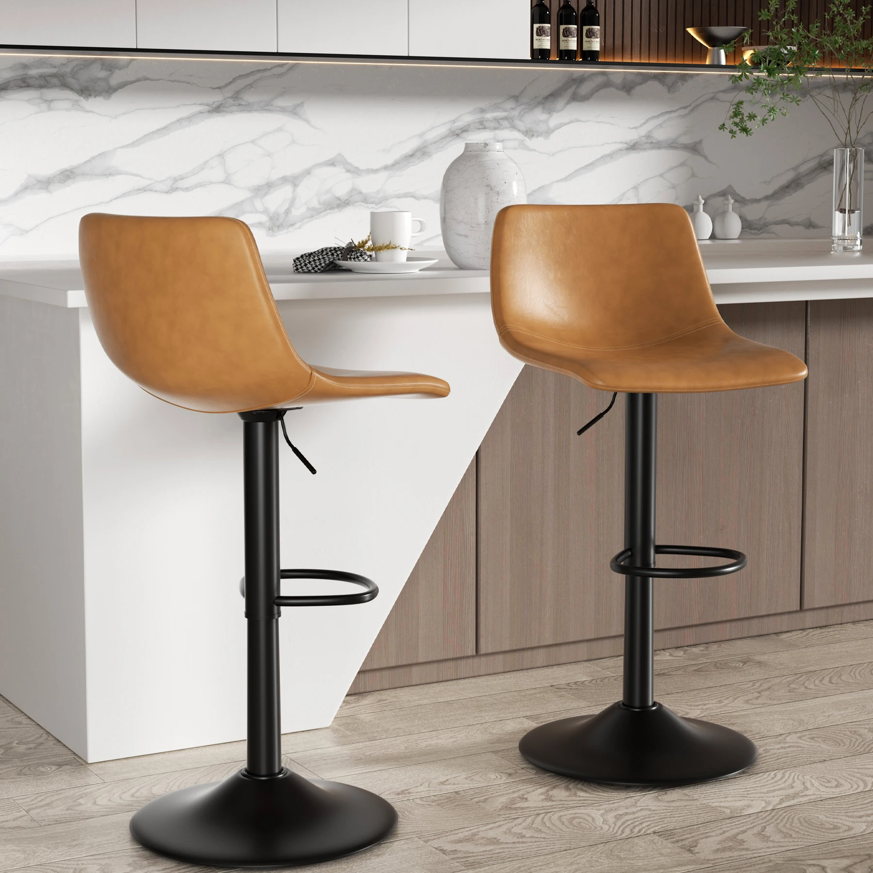 Rotating Bar Stool 2-Piece Set, Modern Bar Stool with High Counter, Artificial Leather Bar Chair with Backrest and Metal Legs, Suitable for Kitchen Island, Bar, Living Room