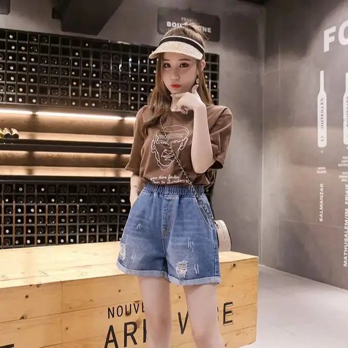 Large Size Broken Hole Cowboy Shorts Women Thin Section Wide Loose Tight High Waist Skinny A Word Wide Leg Fattening Hollowing