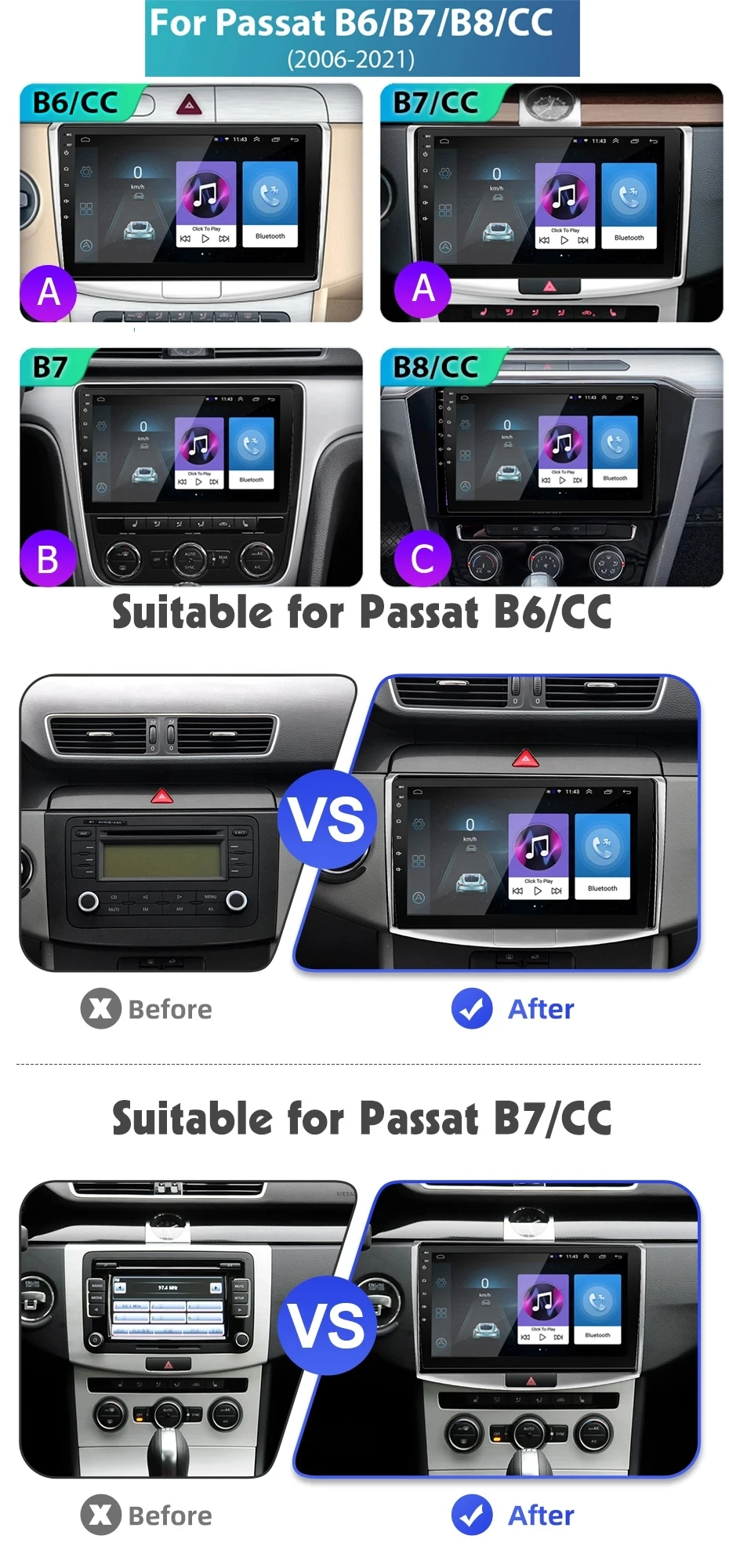 Android 16 Carplay Auto 4G+WIFI For Volkswagen VW Passat B6 B7 CC 2007-2016 GPS Car Radio Multimedia Player Stereo 360 Camera BT