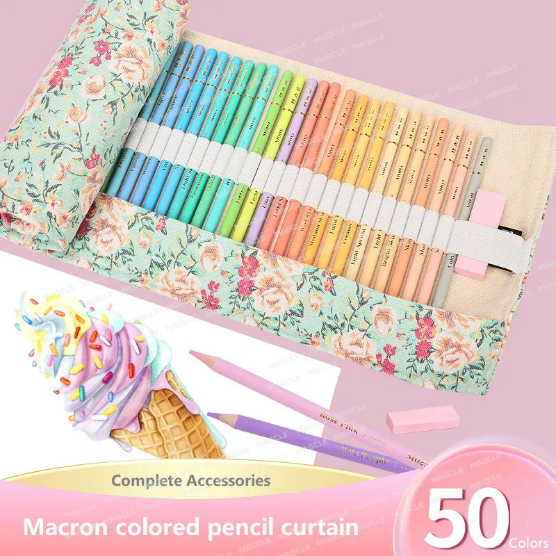 H&B Kawaii Buntstift Malerei Briefpapier 50 Macron Farbstifte Künstlerbedarf Tragbares Federmäppchen inklusive Radiergummi ﻿